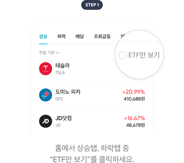 STEP1 홈에서 상승탭, 하락탭 중 "ETF만 보기"를 클릭하세요.